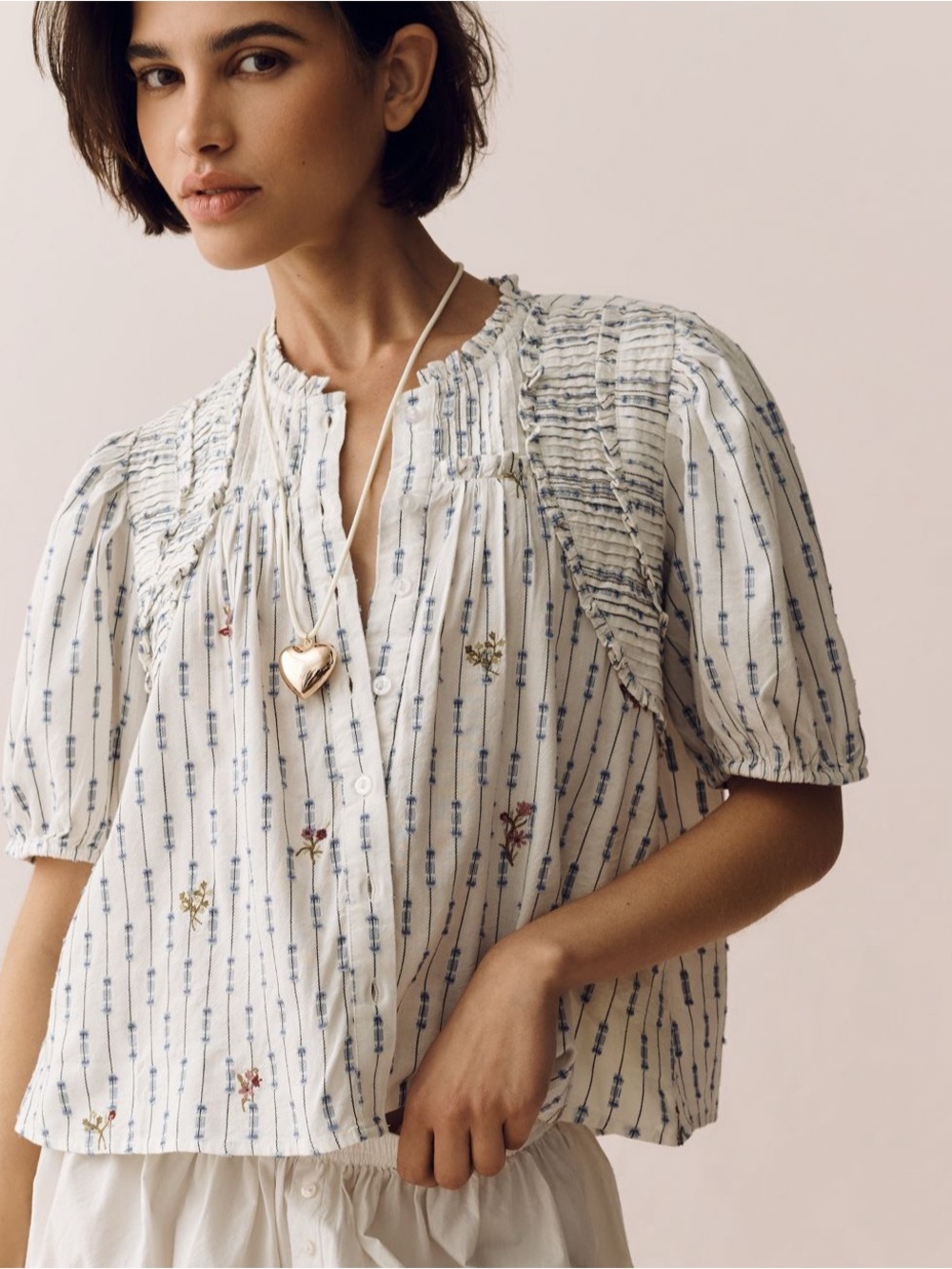 Anthropologie Cream Floral Peasant Blouse with Blue Stripes